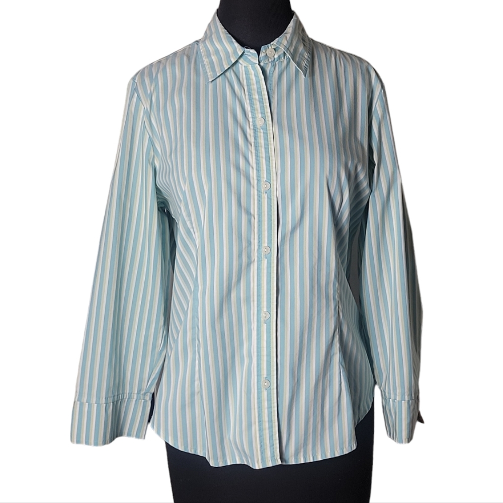 Villager blue white green striped button down shirt size 12 cotton career